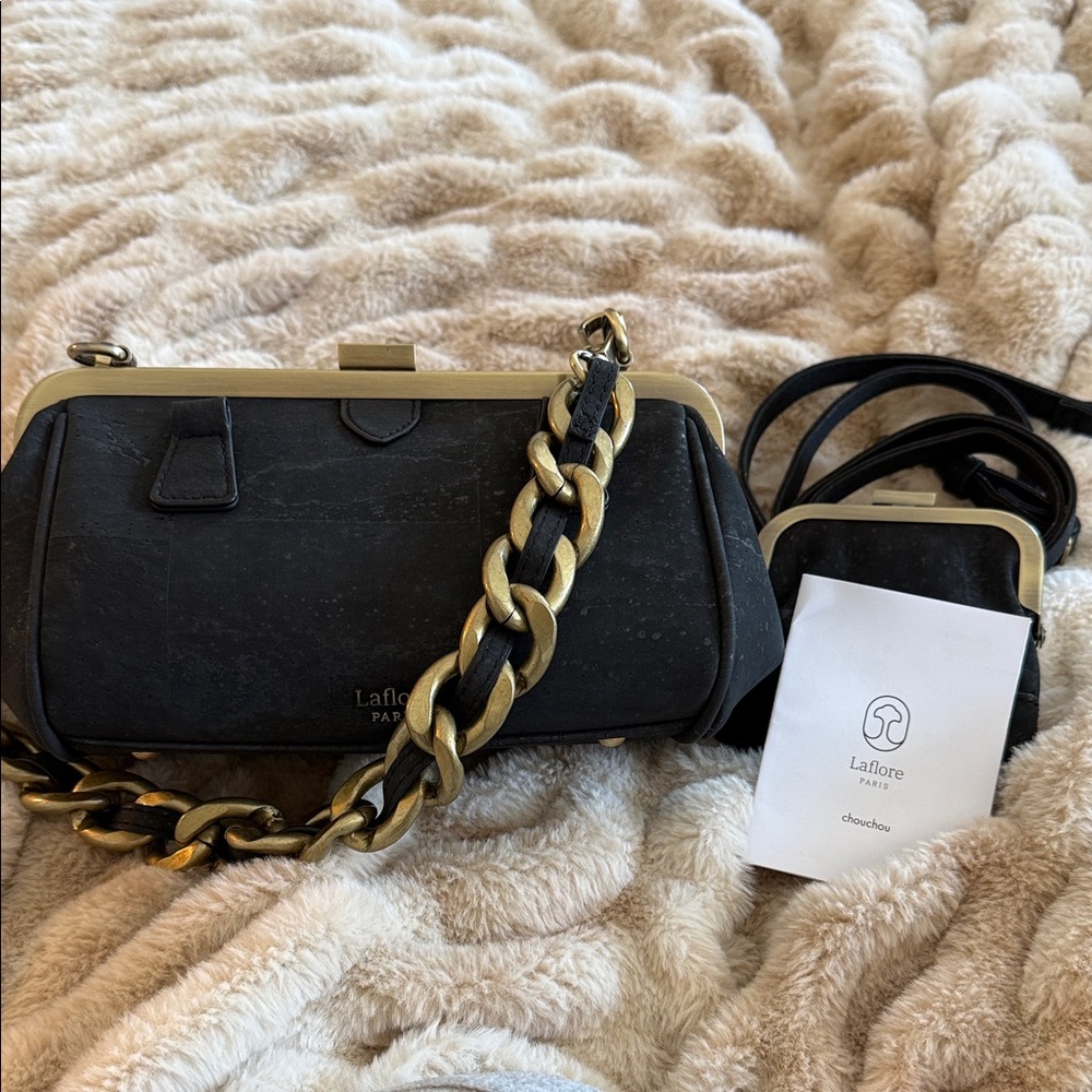 Laflore Paris Black cork/Leather Chain Bag with wallet - Picture 3 of 4